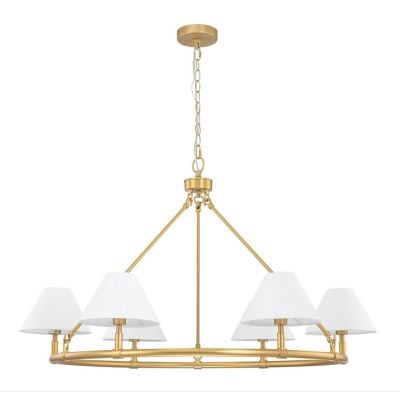 A gold six-light chandelier with a circular frame and white conical lampshades, suspended from the ceiling by a chain, offers a pottery barn look for less.