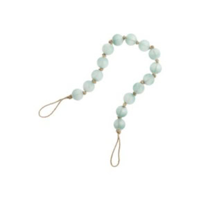 A beaded garland with light blue round beads and twine loops at both ends, arranged in an S-shape on a white background for a pottery barn look for less.