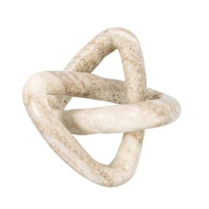 Beige marble sculpture featuring two interlocking rounded triangular loops, creating a geometric and abstract design with a pottery barn look for less.