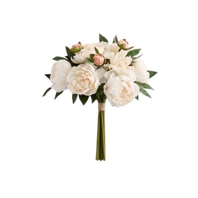 A bouquet of white peonies and pink rosebuds with green leaves, tied together with twine, offers a charming pottery barn look for less.