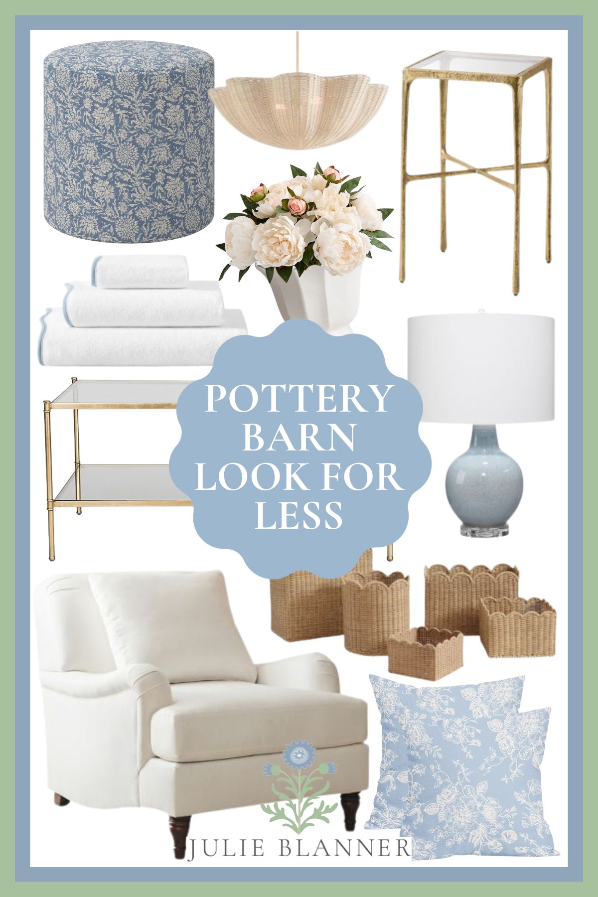 Collage of home decor items including a white armchair, blue floral ottoman, side table, lamp, glass cart, basket set, towels, vase with flowers, and blue floral pillow. Get the Pottery Barn look for less!.