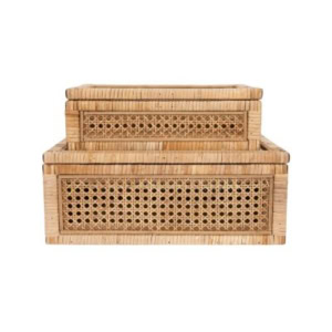 Two rectangular woven rattan storage boxes, one stacked atop the other, feature a lattice pattern on the sides for a chic pottery barn look for less.