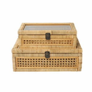Two rectangular wicker boxes with metal clasp closures, stacked together. The top box has a glass lid, and both feature woven detailing—perfect for achieving that Pottery Barn look for less.