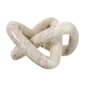 A twisted, interlocking sculpture made of smooth, light-colored stone forms an abstract geometric shape, offering a chic pottery barn look for less.