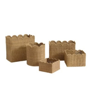 Five wicker storage baskets with scalloped edges, arranged from large to small, offer a chic Pottery Barn look for less, displayed on a white background.