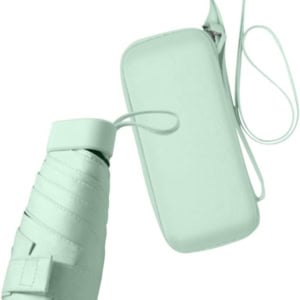 A folded compact umbrella next to a matching zippered carrying case with a shoulder strap, both in a light mint color—perfect for snagging on Prime Day deals.