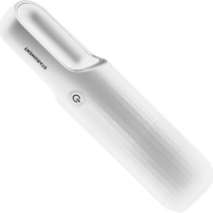 A white, handheld cordless vacuum cleaner with a minimalist design and a visible power button, labeled “STARUMENT” on top—perfect for snagging during Prime Day deals.