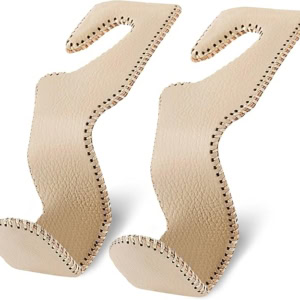Two beige leather car seat headrest hooks with visible stitching, perfect for hanging bags or purses in your vehicle—an ideal organizer to grab during Prime Day deals.