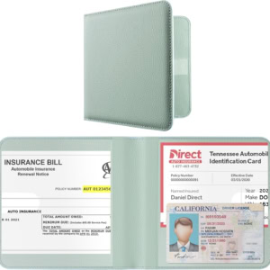 A light green wallet open to show an insurance bill, an auto insurance ID card, and a California driver's license—perfect for keeping essentials organized ahead of Prime Day deals.