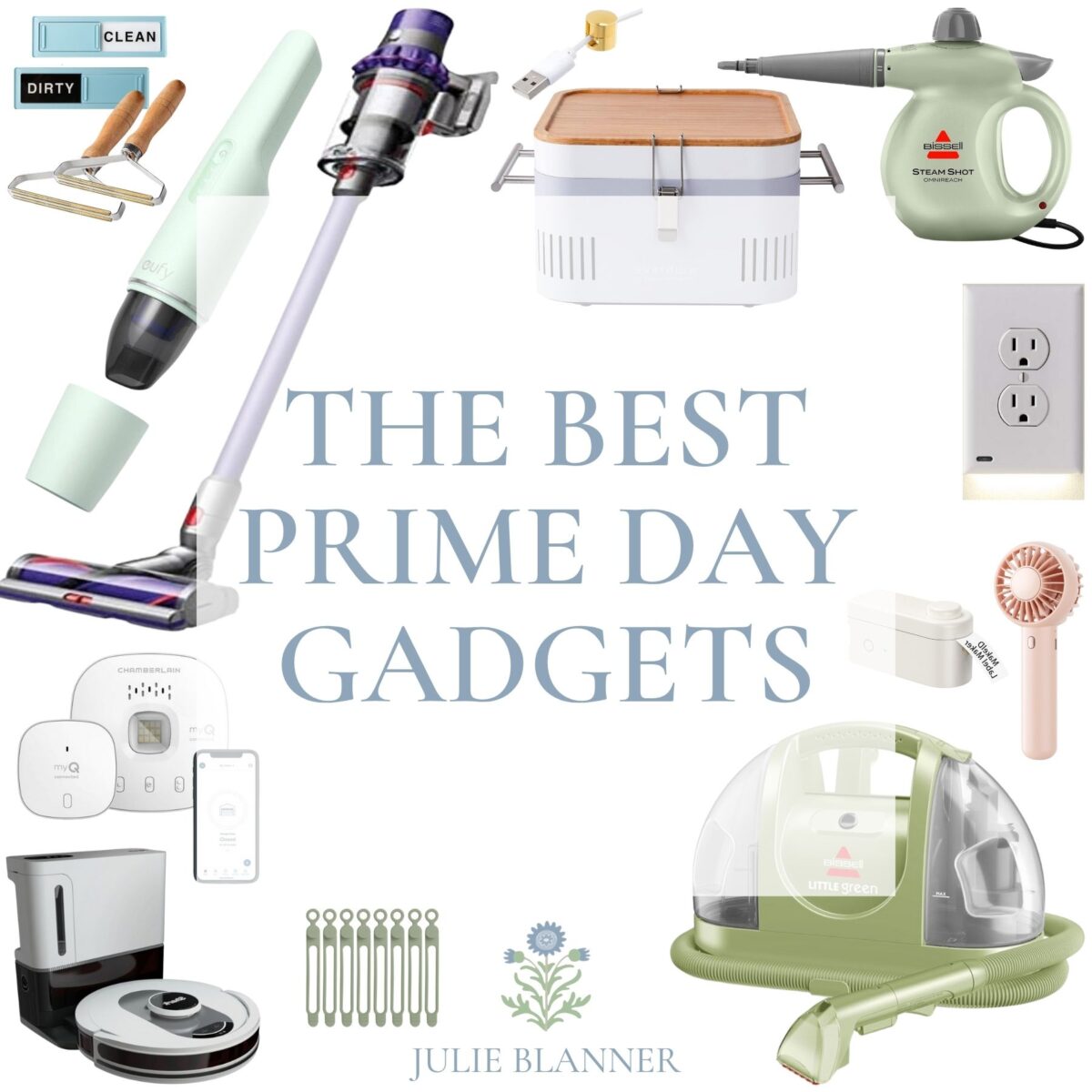 A collage of cleaning and home gadgets, like vacuums, steam cleaners, smart plugs, and organizers, surrounds the text “THE BEST PRIME DAY GADGETS” in the center—spotlighting must-have finds for Prime Day.