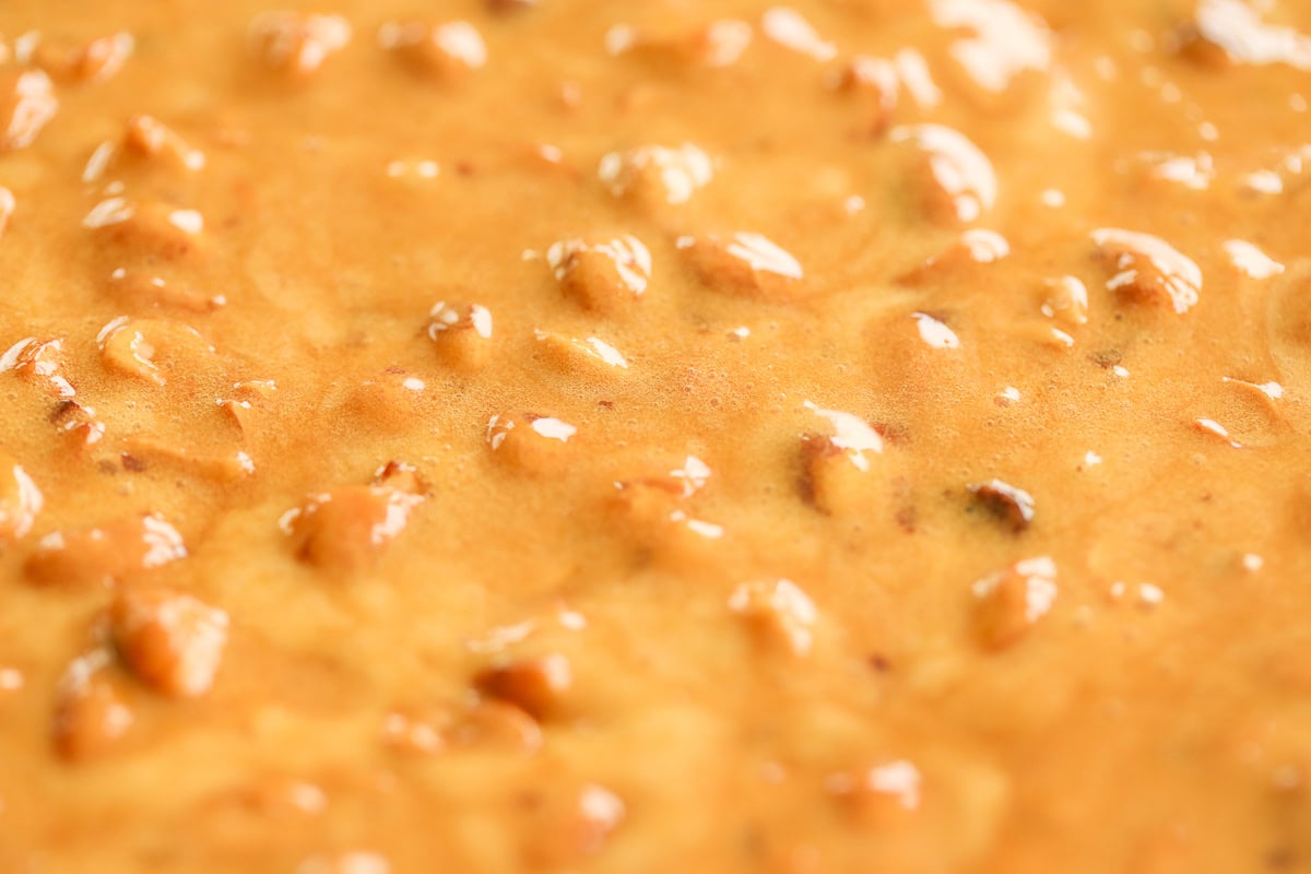 A close-up view showcases peanut brittle, highlighting its glossy caramel surface and the prominently visible peanuts.