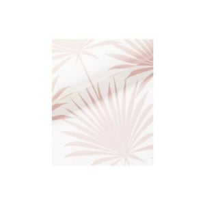 Wallpaper sample with a light pink palm leaf pattern on a white background.