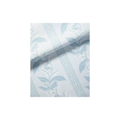 Wallpaper sample with a pale blue floral pattern featuring leaves and small flowers on a light background.