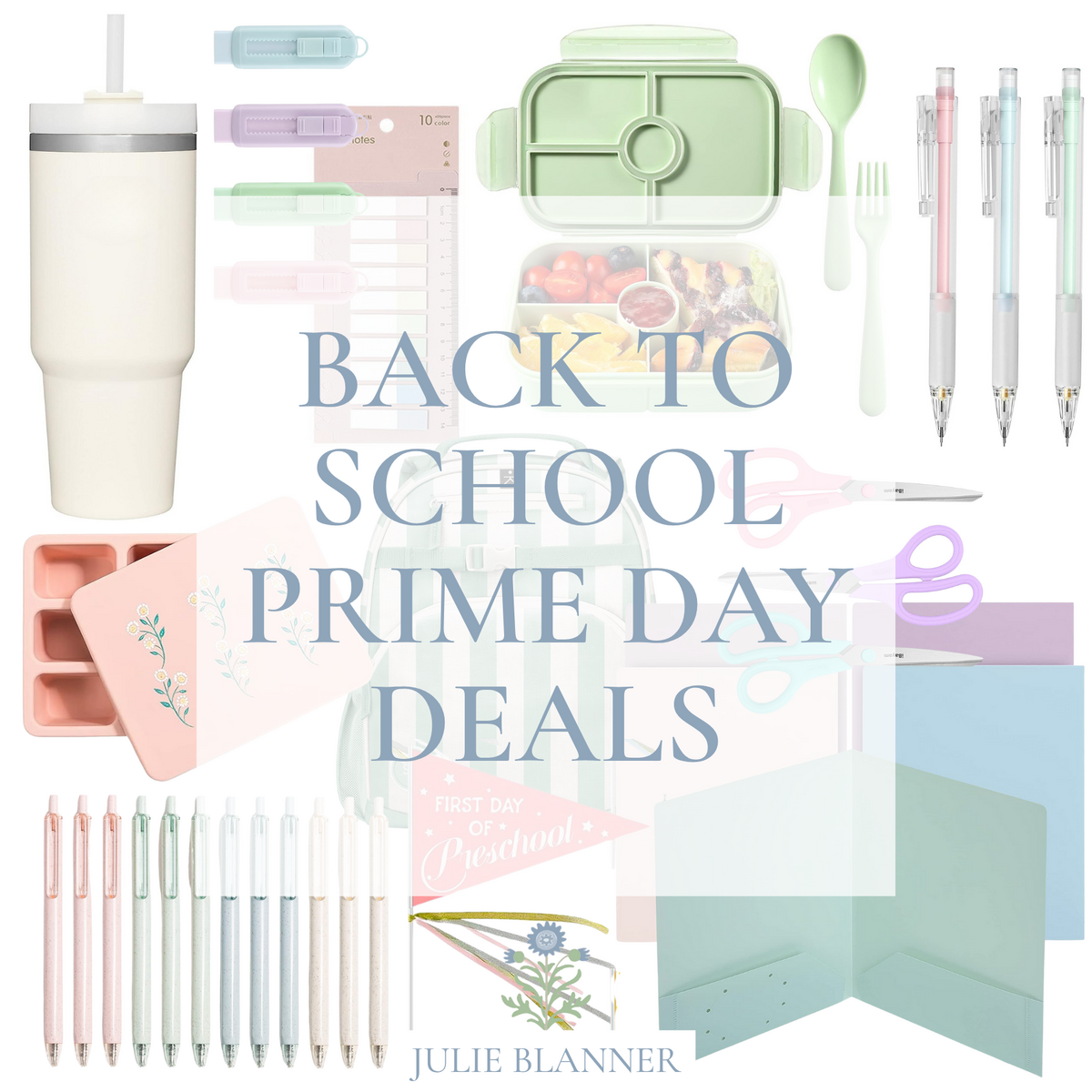 A collage of school supplies—pens, scissors, a tumbler, lunchbox, ice trays, folders, and a ruler—is overlaid with the text "Back to School Prime Day Deals," highlighting special savings for Prime Day.