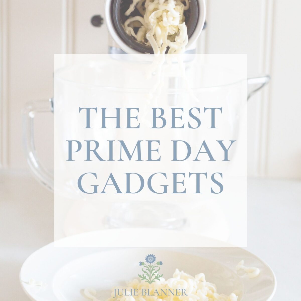 A kitchen gadget grates cheese into a clear bowl with text overlay that reads "The Best Prime Day Gadgets," highlighting must-have tools for Prime Day deals.