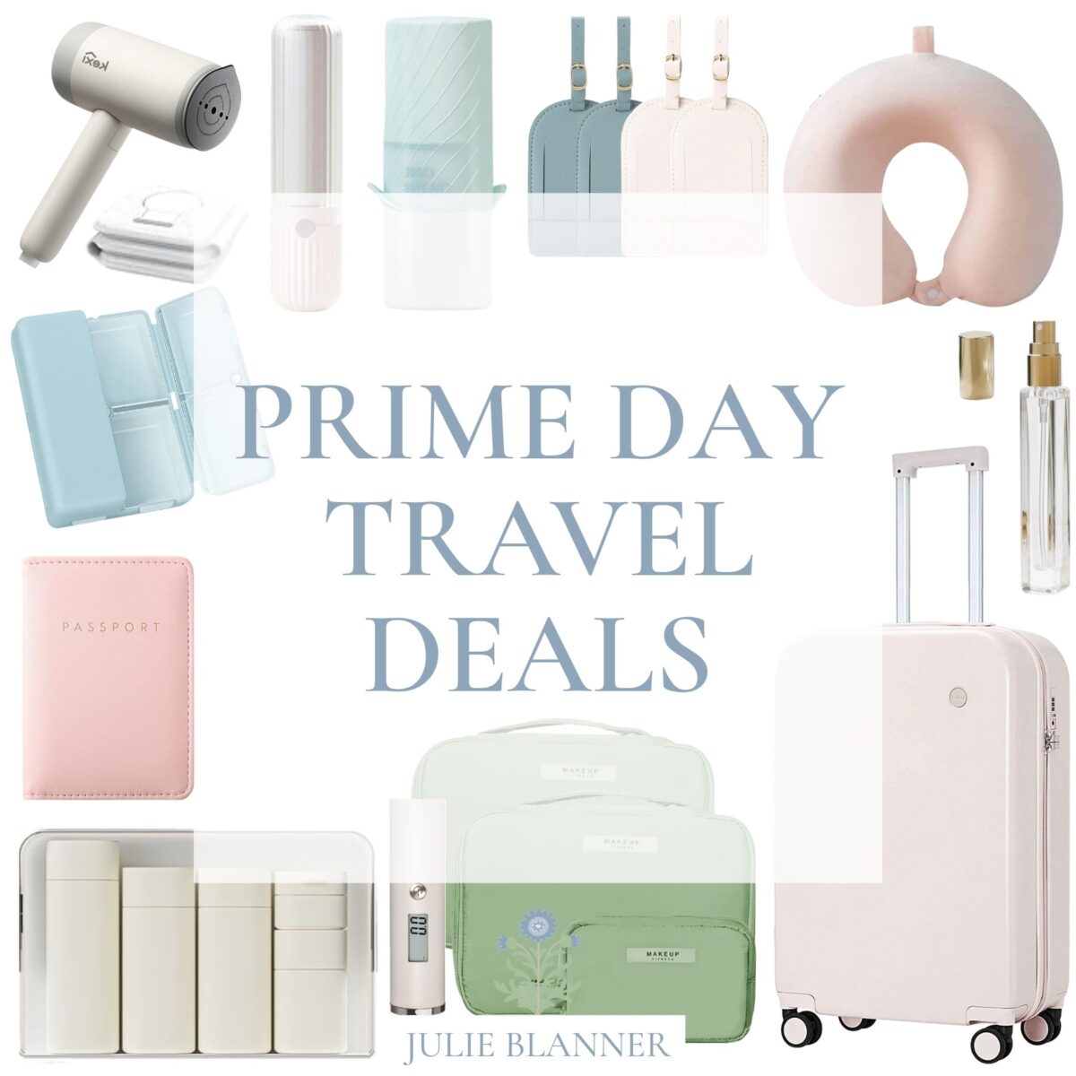 Collage of various pastel-colored travel items, including suitcases, organizers, bottles, and accessories, with the text "Prime Day Travel Deals" in the center to highlight exclusive Prime Day offers.