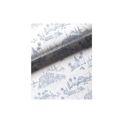 Rolled wallpaper featuring blue scenic illustrations on a white background.