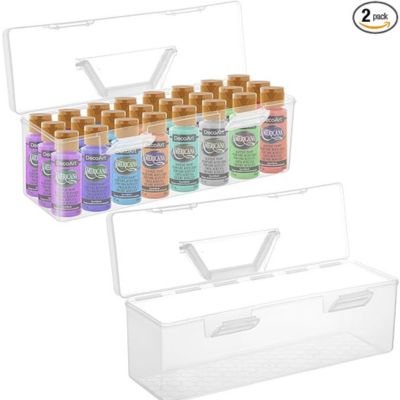 Two clear plastic storage boxes are perfect for organizing crafts. One box holds rows of DecoArt paint bottles in various colors, while the other remains empty for future supplies. Both boxes have hinged lids, ensuring your creative materials are neatly stored and easily accessible.