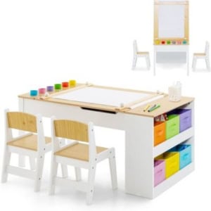 A delightful children's art station featuring a table, two chairs, storage bins, and art supplies brings craft space ideas to life. In the background, a smaller version adds charm and inspiration.