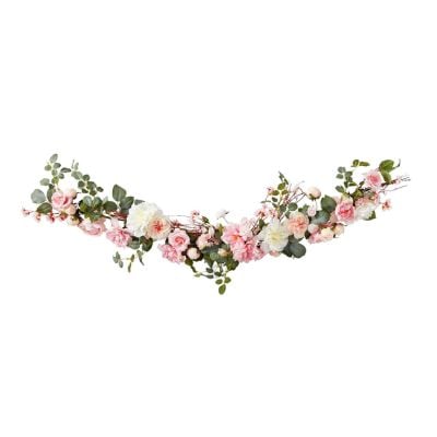 A garland inspired by the LoveShackFancy look for less, featuring pink and white flowers with lush green foliage arranged in a graceful curve.