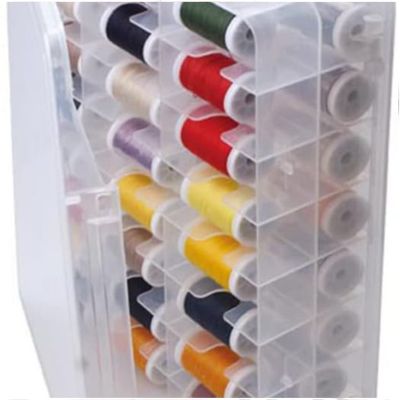 This clear plastic case is perfect for organizing crafts, containing multiple spools of colorful thread, including red, yellow, blue, and green, all neatly arranged in tidy rows.