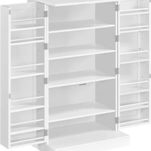 A white multi-shelf wall cabinet with open doors, ideal for craft space ideas, featuring several adjustable shelves on the interior and door panels.