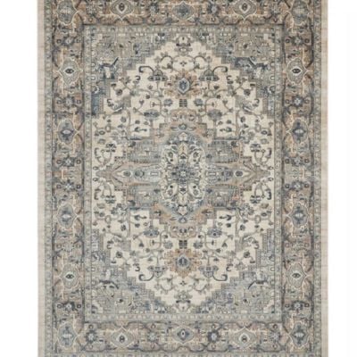 Intricately patterned area rug with floral and geometric designs in cream, blue, and brown. Perfect for any room, this exquisite piece comes with a handy rug size guide to help you find the ideal fit for your space.