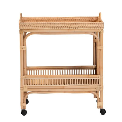 A wicker serving cart reminiscent of Serena and Lily's style, featuring two spacious shelves and four sleek black wheels, offers a chic look for less.