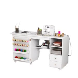 White sewing table adorned with a machine, spools of thread, and pens, all set in an organized space that embodies craft space ideas with its neatly arranged storage shelves.