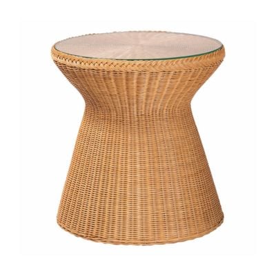Hourglass-shaped wicker side table with a round glass top, featuring woven rattan in a natural finish—get the Serena and Lily look for less for your home.
