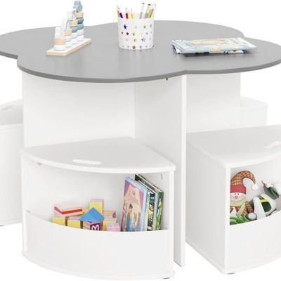 Children's activity table with a gray top and white shelves, perfect for inspiring craft space ideas, featuring various toys, books, and art supplies.