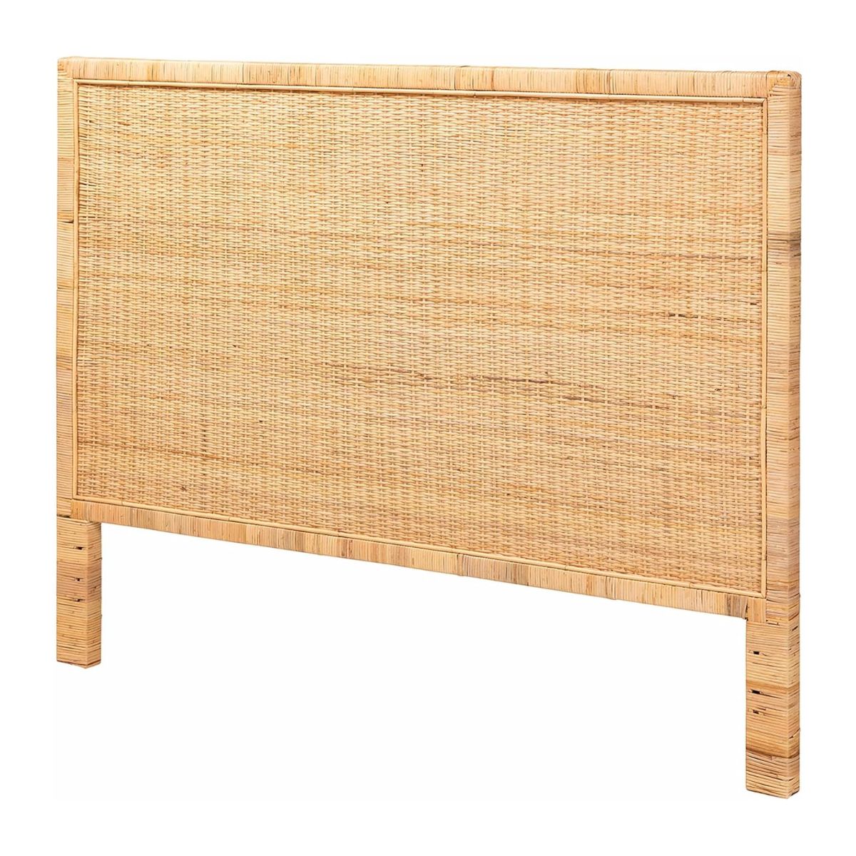 A rectangular woven rattan headboard with a natural wood frame and two sturdy legs, offering a Serena and Lily look for less, shown against a white background.