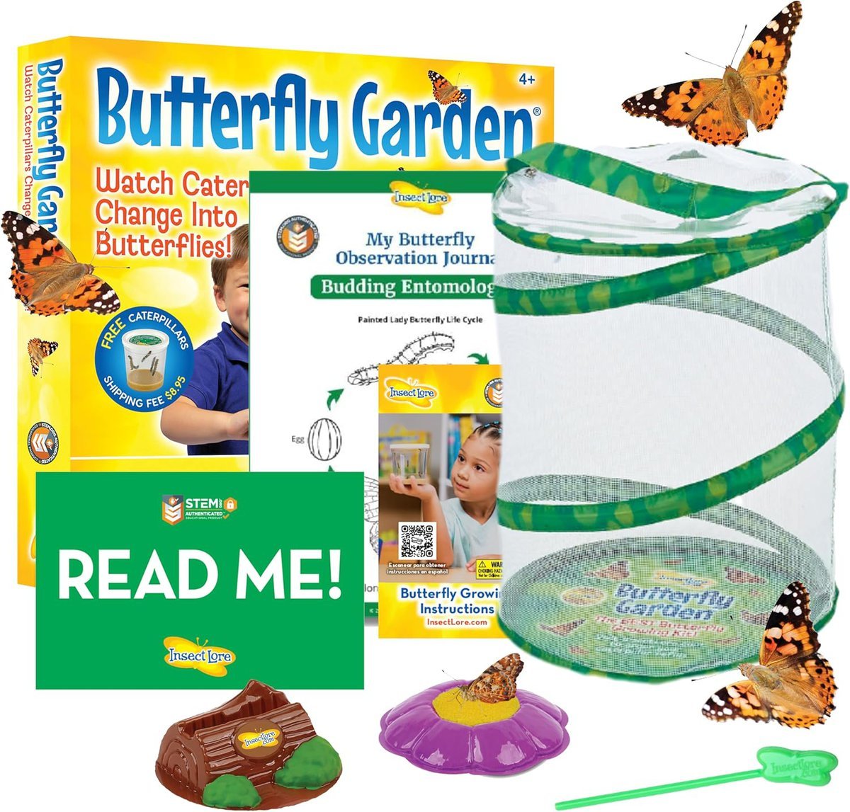 The Butterfly Garden kit makes a perfect addition to Easter basket fillers, featuring a mesh habitat, instruction guide, toy log, and butterfly feeder. Box and accessories come complete with delightful images of butterflies surrounding the items.