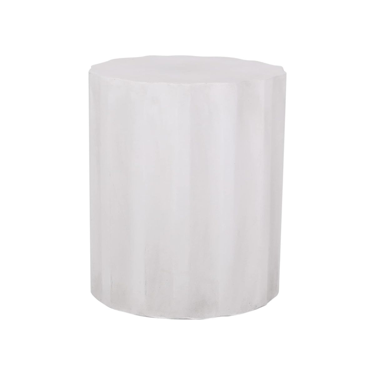A white cylindrical stool or side table with a slightly textured, faceted surface and a flat top, offering a chic serena and lily look for less, photographed against a plain white background.