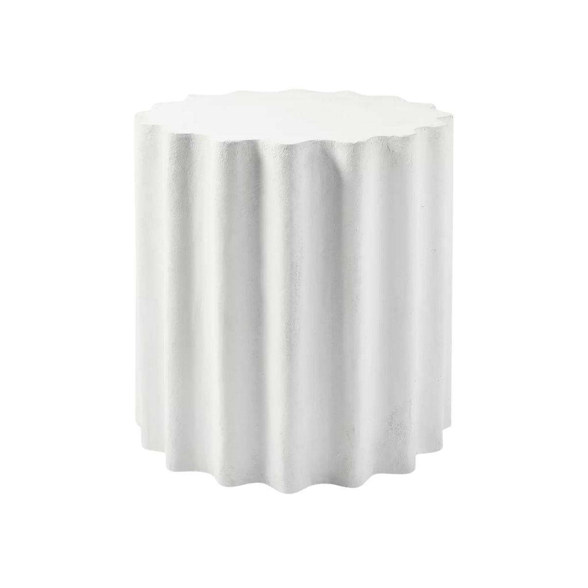 A white, cylindrical side table with a wavy, scalloped exterior design, offering a chic Serena and Lily look for less, viewed against a plain white background.