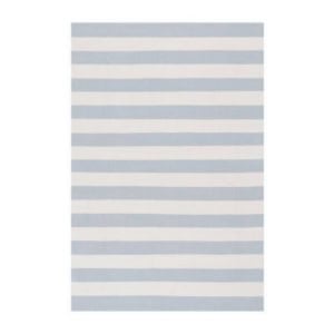A rectangular rug with alternating light blue and white horizontal stripes, perfect for any space—refer to our rug size guide to find your ideal fit.