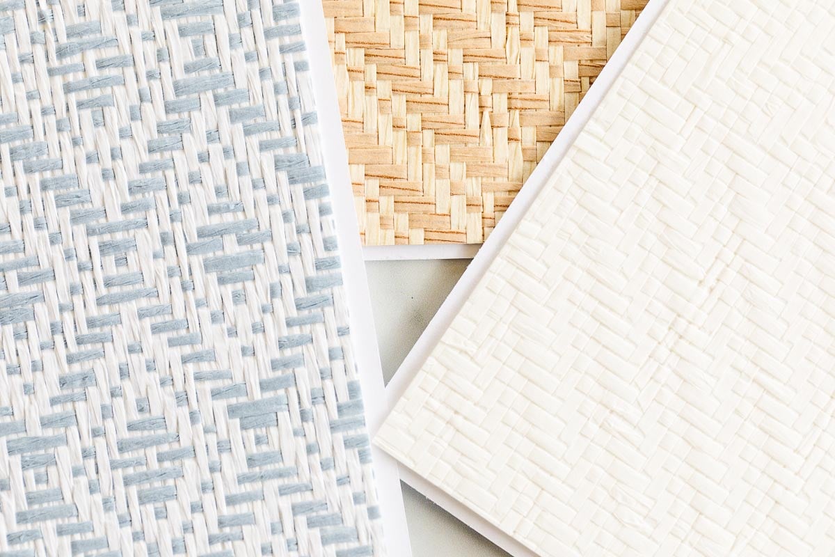 Three textured papers in blue, beige, and white, each echoing the elegant woven patterns of Serena and Lily wallpaper, are displayed side by side.