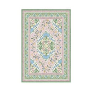 Rectangular area rug with a symmetrical floral and vine pattern in pastel shades of pink, green, and blue features a green border and intricate decorative details—refer to our rug size guide to find the perfect fit for your space.