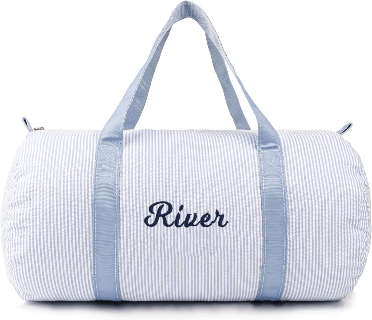 Light blue and white striped duffel bag with 