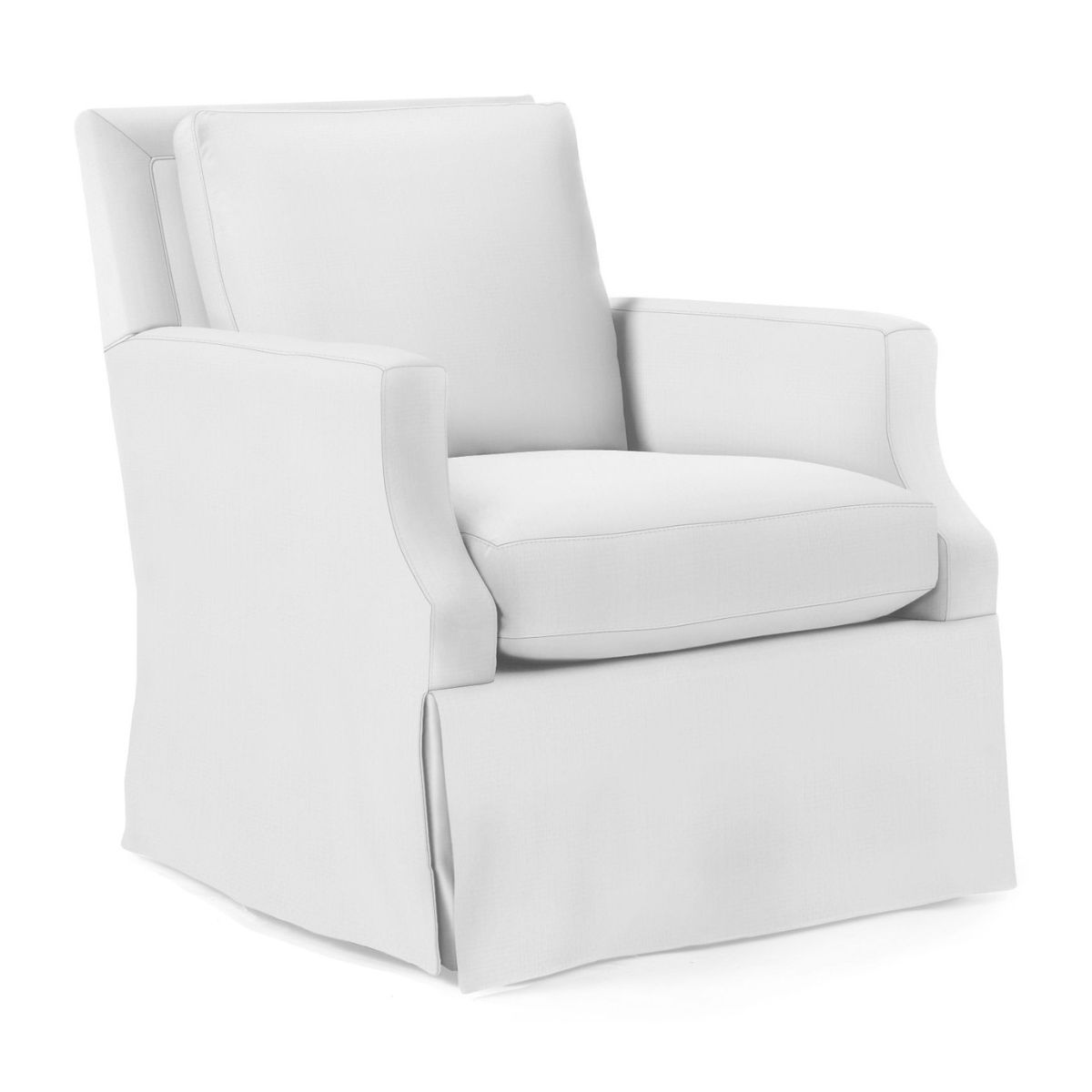 A white upholstered armchair with a skirted base, straight arms, and plush back and seat cushions offers a Serena and Lily look for less.