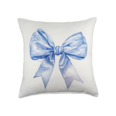 This throw pillow mimics the LoveShackFancy look for less, showcasing a watercolor illustration of a large, light blue ribbon bow against a pristine white backdrop.