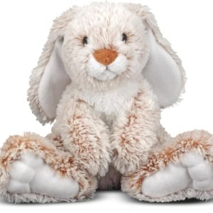 Fluffy stuffed bunny with long ears and large paws sits upright, making it an adorable addition to your Easter basket fillers, against a white background.