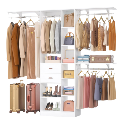 A neatly organized kids closet with colorful coats, dresses, and trousers on hangers. Accessories include bags, shoes, and mini luggage. Shelves and drawers hold folded clothes, toy boxes, and playful decor.