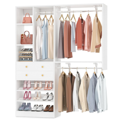 A white kids closet with open shelves, drawers, and hanging rods. Clothes, shoes, bags, and accessories are neatly organized.