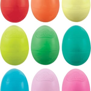 Nine colorful Play-Doh eggs arranged in a 3x3 grid, featuring shades of red, orange, yellow, light green, teal, blue, and pink. Perfect as Easter basket fillers for a vibrant holiday surprise!.