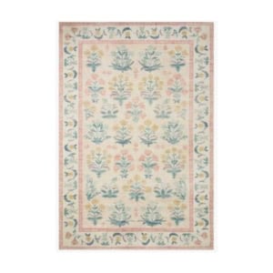 Rectangular area rug with a cream base, featuring a repeating floral pattern in pastel colors and a decorative border—refer to our rug size guide to find the perfect fit for your space.