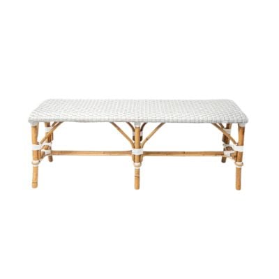 Rectangular bench with a woven white seat and bamboo-style wooden legs, offering a chic serena and lily look for less, photographed against a plain white background.