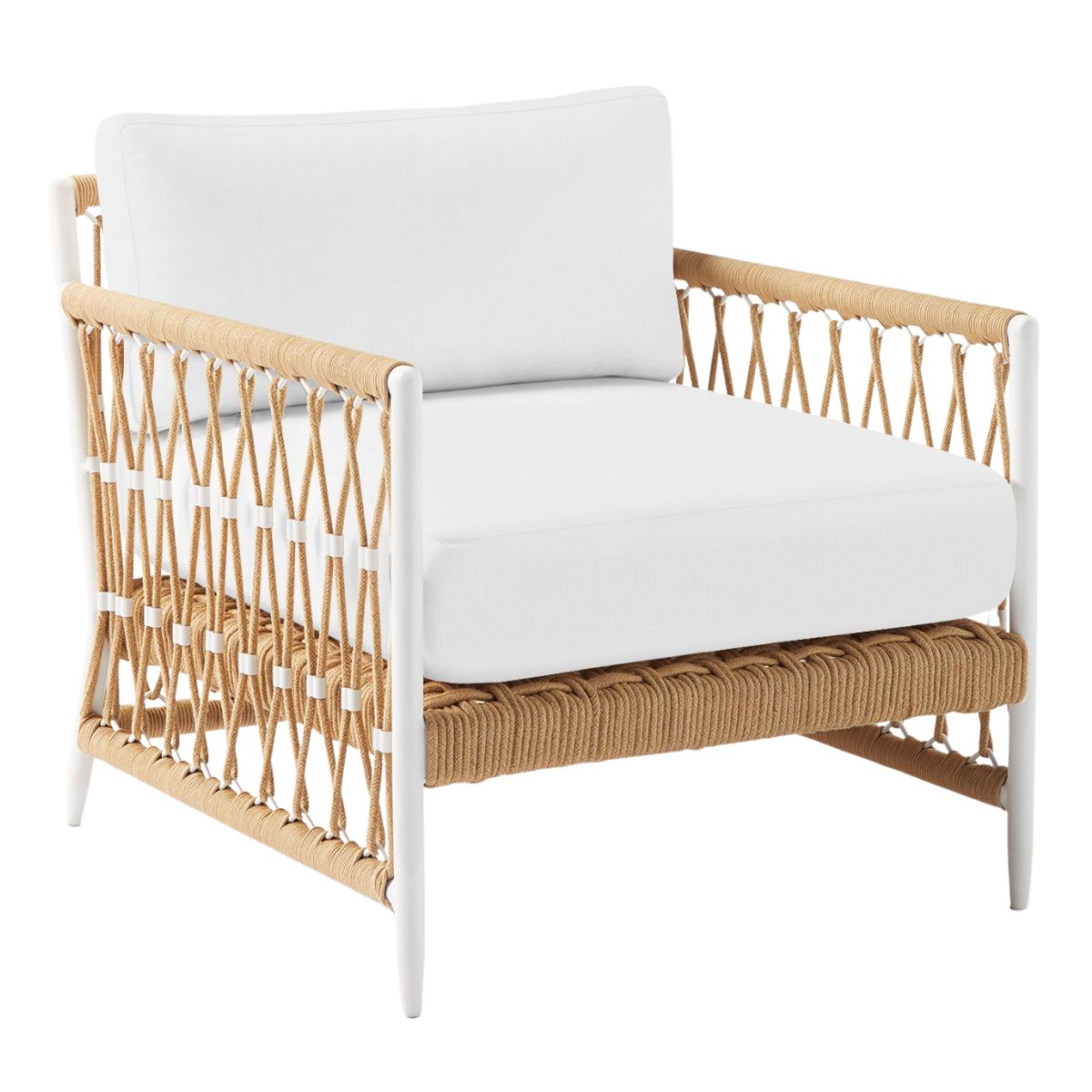 Woven rope armchair with a white frame and white seat and back cushions. The armrests and sides feature a crisscross rope pattern, offering a chic serena and lily look for less.