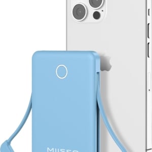 A blue portable charger with an attached cable sits next to a smartphone, making it a perfect addition to your Easter basket fillers.