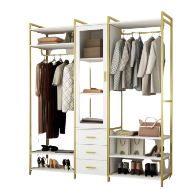 A three-section kids closet with clothes, shoes, and bags. Two sections feature hanging rods for dresses and jackets, while the middle section offers shelves and drawers, perfect for organizing a little one's wardrobe essentials.